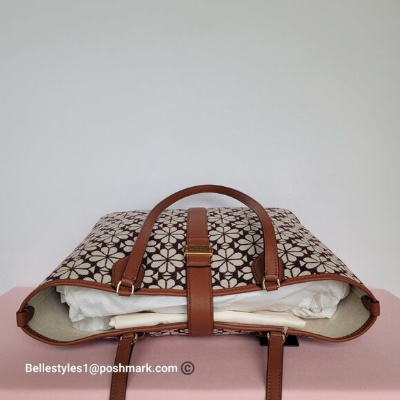 KATE SPADE Spade-Flower Jacquard and Leather Medium Open Tote- Burgundy Multi⭐ - Picture 11 of 16